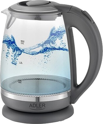 Adler Vannkoker 2L 2200W Grå med Vannivåindikator i Glass Adler Vannkoker 2L 2200W Grå med Vannivåindikator i Glass