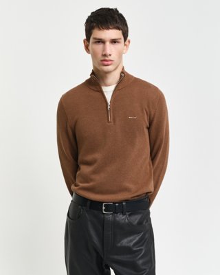 Piquestrikket bomullsgenser med half-zip i halsen HAZELNUT MELANGE XXL