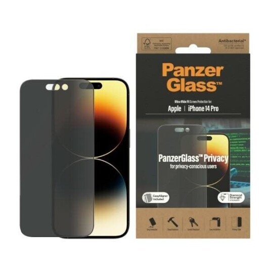 PanzerGlass AntiBakteriell Privacy Skjermbeskytter for iPhone 14 Pro - Ultra Wide Fit med EasyAligner - Svart Kant
