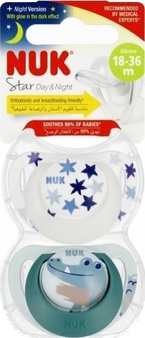 Nuk 442523 Star Silikon Smokk Dag & Natt 18-36 mnd Hvit/Grønn 2 Stk