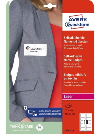 Avery Selvklebende navneskilt, hvite , Kleber på tøy, 80 x 50 mm, Laser Avery Selvklebende navneskilt, hvite , Kleber på tøy, 80 x 50 mm, Laser