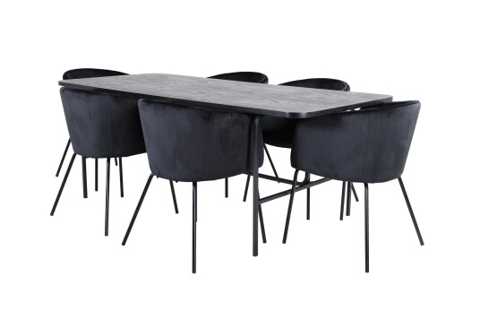 Venture Design Uno & Berit spisegruppe Svart/svart 6 stoler & bord 200 x 90 cm