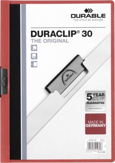 Durable Duraclip 30 - Klipsfil - For A4 (210 X 297 Mm) - Kapasitet: 30 Ark - Rød Med Transparent Frontdekke
