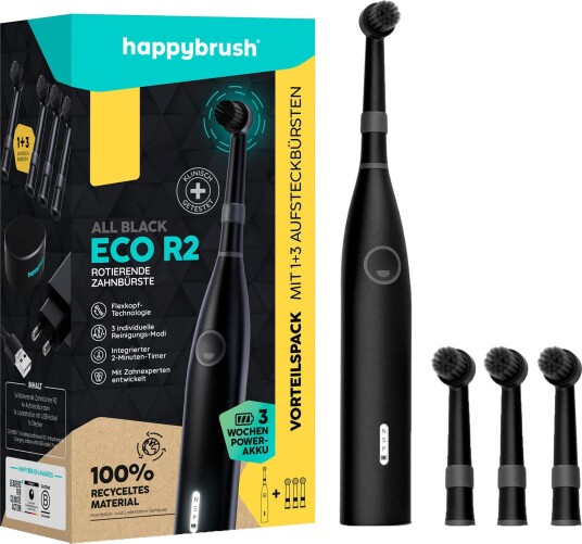 Happybrush ECO R2 Elektrisk Tannbørste - Inkl. 3 Børstehoder - Sort