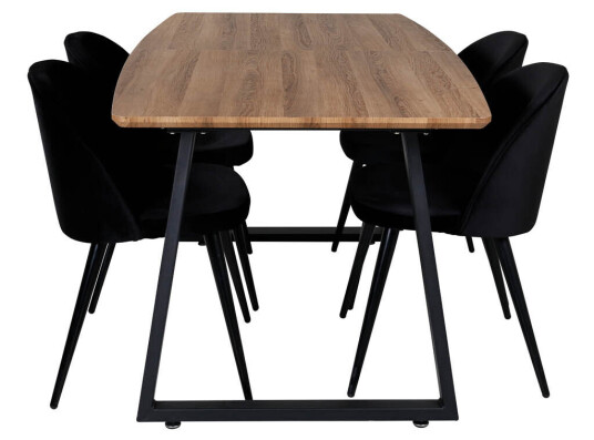 IncaNABL spisegruppe spisebord uttrekksbord lengde cm 160 / 200 el tre dekor og 4 Velvet spisestuestoler velour svart.