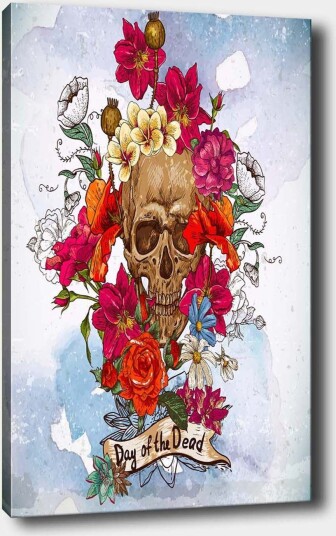Lerretsbilde 70x100 cm Fargerik hodeskalle omgitt av blomster symboliserer Día de los Muertos Rød / Rosa / Gul