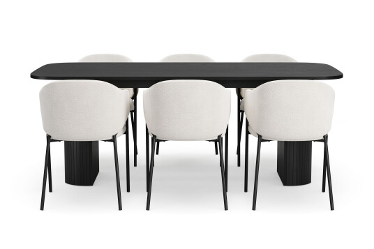 Bark Kopparbo Spisebord 200 cm med 6 Filip Spisestoler Svart / Hvit Bouclé