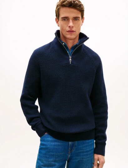Tommy Hilfiger Fisherman Rib Zip Mock   Navy   M