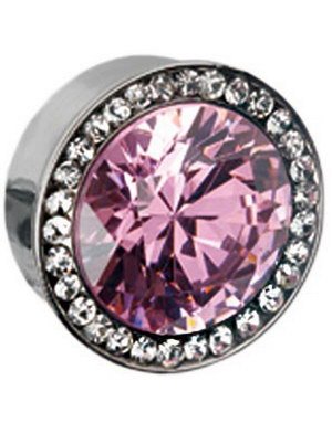 Aab Piercing Plugg med Rosa Diamant Rammet med Klare Stener Strl 16 mm