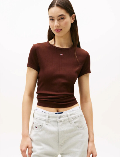Tommy Jeans Tjw Slim Essential Rib Ss - Brown - M