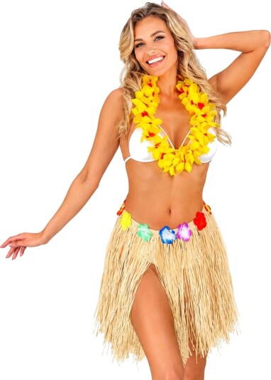 Hawaii Hula Skjørt m/Blomster 40 cm Gul