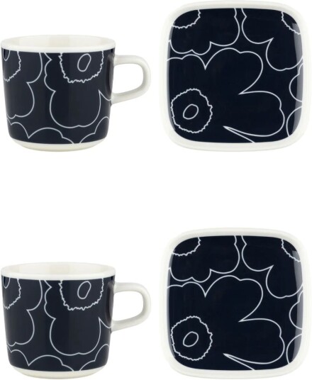 Marimekko Piirto Unikko kopp og fat sett 20 cl 4 deler White-dark blue Marimekko Piirto Unikko kopp og fat sett 20 cl 4 deler White-dark blue