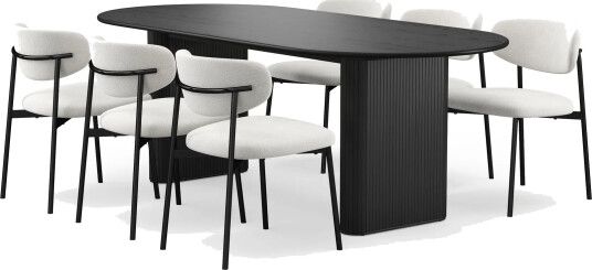 Noira Ovalt Spisebord 220 cm med 6 Lucy Spisestoler - Svart / Hvit Bouclé / Metallben Svart