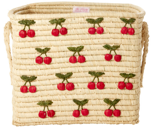 Rice Raffia Square Basket with Small Cherries Embroidery Red 30 cm x 30 cm x 25 cm Rice Raffia Square Basket with Small Cherries Embroidery Red 30 cm x 30 cm x 25 cm