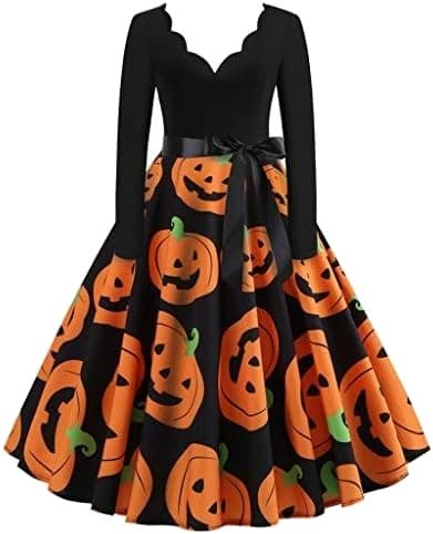 Halloween Retro Kjole med Gresskar-, Flaggermus- og Heksemotiv BTBDYDH