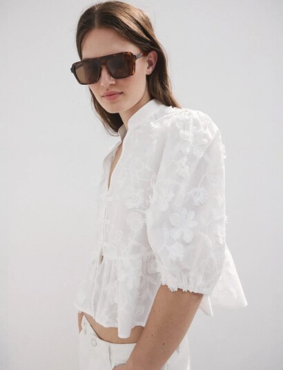 Mango Embroidered Puff Sleeve Blouse White M