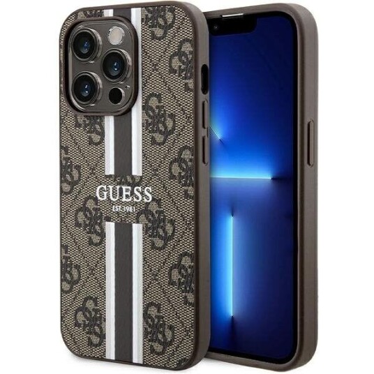 Guess 4G MagSafe Mobildeksel med Trykte Striper for iPhone 15 Pro Brun