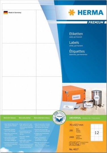 Herma Premium - Papir - Matt - Permanent Selv-Adhesiv - Hvit - 70 X 67.7 Mm 2400 Etikett(Er) (200 Ark X 12) Laminerte Etiketter
