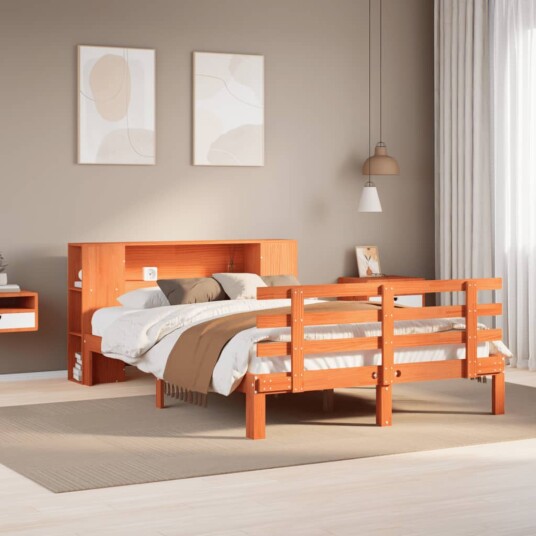 Seng med bokhylle uten madrass voksbrun 135x190 cm heltre furu 8721158615084