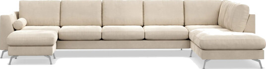 Ocean Lyx 6 seters Høyrevendt U formet Sofa med Divan og Sjeselong + Fotskammel i Fløyel Beige