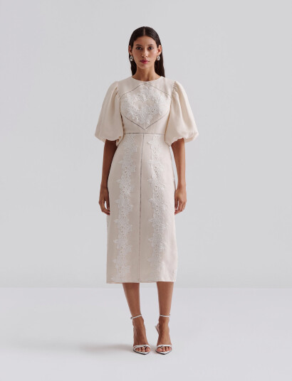 Malina Rudy Embroidered Linen Midi Dress - Beige - XS