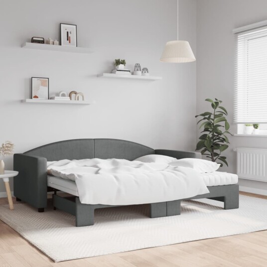  Uttrekkbar dagseng med madrass mørkegrå 90x190 cm stoff
