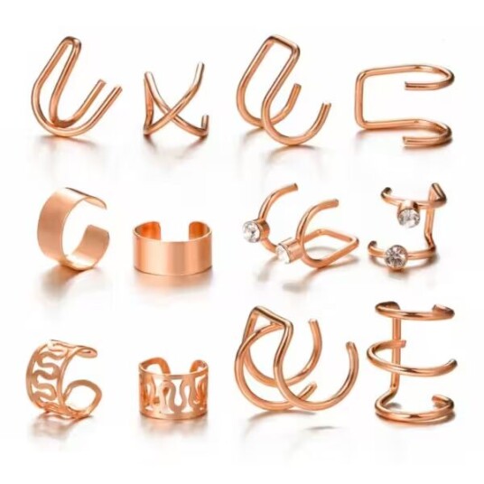 Falske helix piercing 12-pack øreringer øre mansjett uten hull rosegull