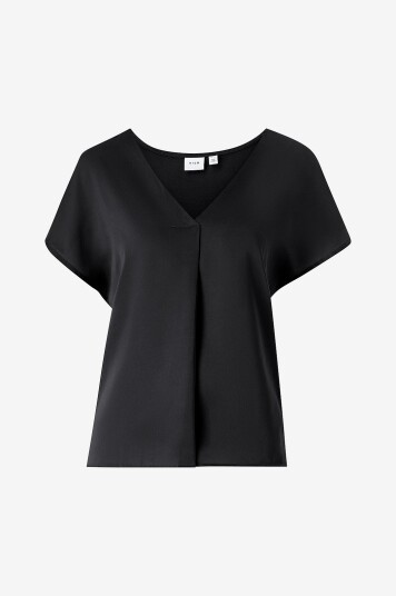 Vila Bluse viEllette V neck S/S Satin Top Svart