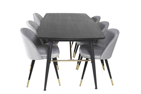 Venture Design Black Veneer & Velvet spisegruppe Svart/svart 6 st stoler & bord 180 x 85 cm