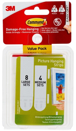 3M Command selvklebende strips for bildeoppheng, hvit, 4 sett mellom, 8 sett store 3M Command selvklebende strips for bildeoppheng, hvit, 4 sett mellom, 8 sett store