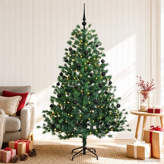 vidaXL Kunstig juletre med julekuler 150 cm 150 LED-lys Varmhvit