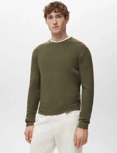 Mango Fine Rib Knit Cotton Sweater Khaki green XXL