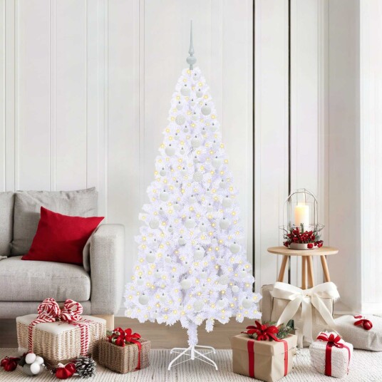  Kunstig juletre med 300 LED med stativ Hvit 180 cm PVC og stål