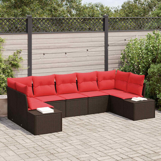 vidaXL Hagesofa Set 7 stk. 7-Antall seter Brun og rød Poly rattan