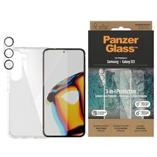 PanzerGlass 3-i-1 Beskyttelsessett for Samsung Galaxy S23 med EasyAligner - Gjennomsiktig
