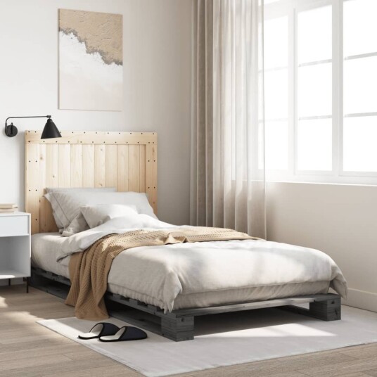 Sengeramme med hodegavl grå 100x200 cm heltre furu 3281545 Sengeramme med hodegavl grå 100x200 cm heltre furu 3281545