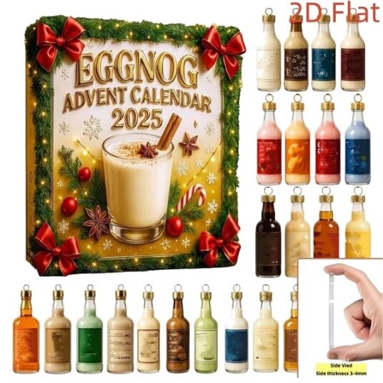 Eggnog Julekalender 2026 24 dagers nedtelling til jul med 2D flate flaskehengende ornamenter
