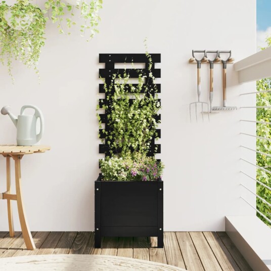 Hageplantekasse med stativ svart 39x39,5x114 cm heltre furu