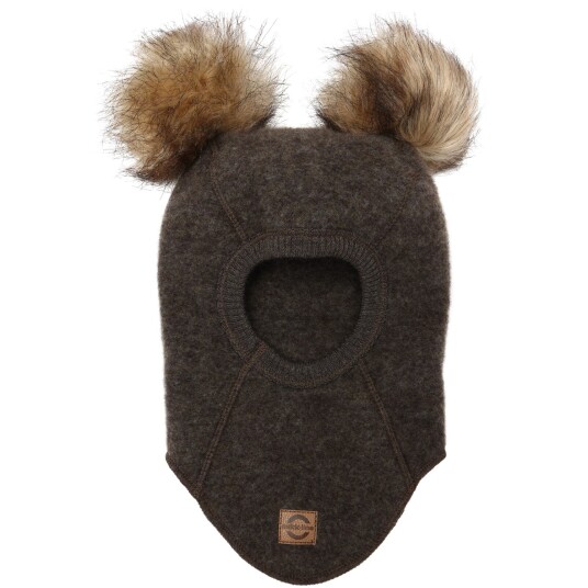 Mikk-line Dark Brown Melange Ull Balaclava med Pom Pom 86-92