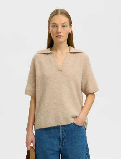Selected Slflulu Ss Knit Polo Noos Beige S Selected Slflulu Ss Knit Polo Noos Beige S
