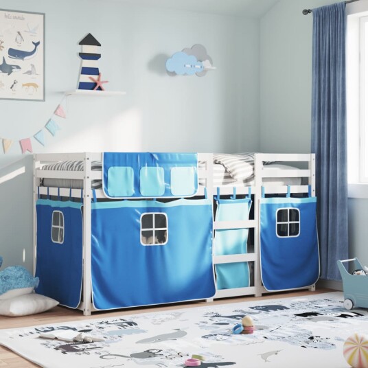 Køyeseng med gardiner blå 80x200 cm heltre furu 8721102689420 Køyeseng med gardiner blå 80x200 cm heltre furu 8721102689420