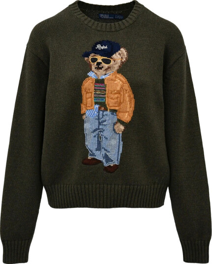Polo Ralph Lauren Grønn Rundhalset Strikkegenser Dame L med Polo Bear Motiv