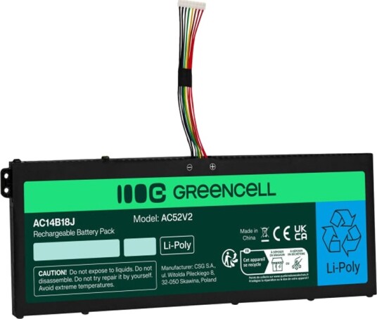 Green Cell Batteri Til Bærbar Pc Tilsvarer: Acer Ac14b13j Acer Ac14b18j Litiumpolymer 3-Cellers 3600 Mah Svart AC52V2