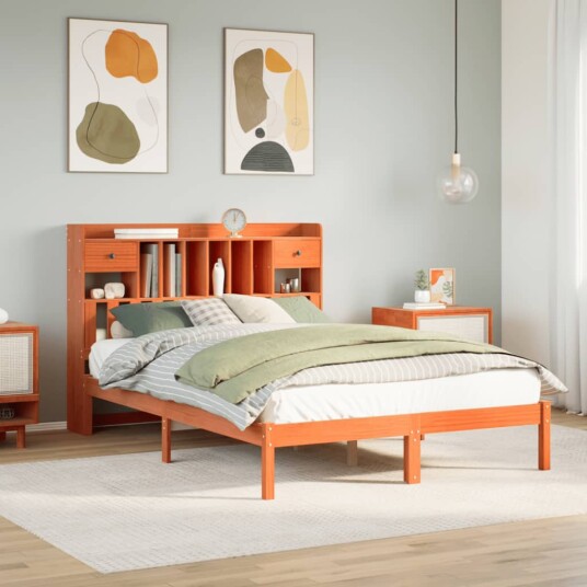 Seng med bokhylle uten madrass voksbrun 140x190 cm heltre furu 8721158604279