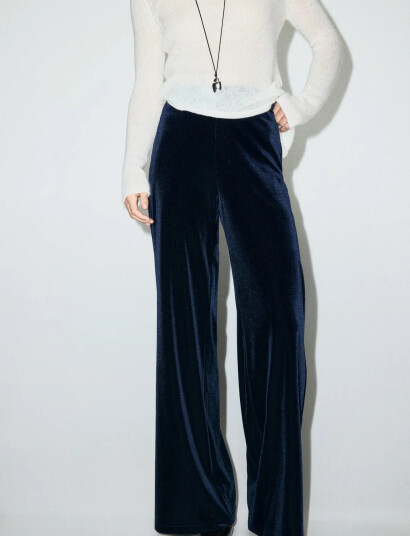 Mango Velvet Wide Leg Trousers   Navy   XS