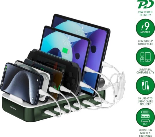 4smarts Team Ladestasjon 100 W – 5 USB-C + 1 USB-A med 6 kabler Grønn