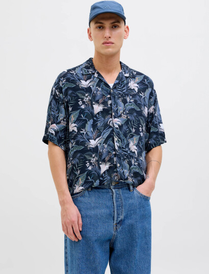 Jack & Jones Jjejeff Tropical Aop Resort Shirt Ss Sn - Navy - L