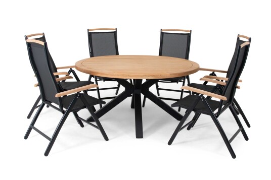 Sunzo Long Island & Nice spisegruppe Svart/teak 6 stolar & bord 150 cm
