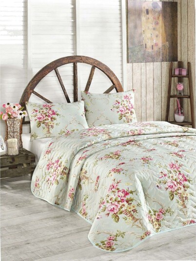 Eponj Home Sengeteppe Dobbelt 200x220+2 Putetrekk Quiltet Mint/Rosa/Gul/Grønn