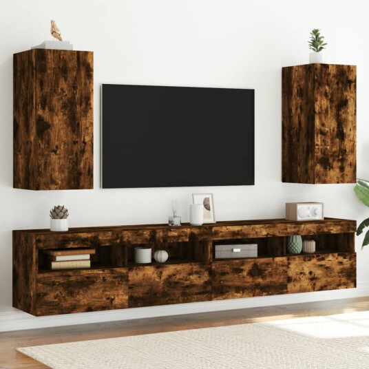 vidaXL Vegghengte TV-benker med LED-lys 2 stk røkt eik 30,5x35x70 cm 8721012258259